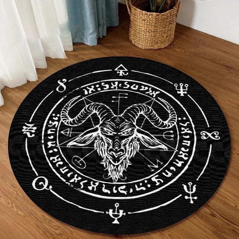 

Personalized Rug Round Carpet Satanic Cat Goat Impaled Throne Area Atheist Carpet Bath Mat Black Mat Living Room Home Decoration