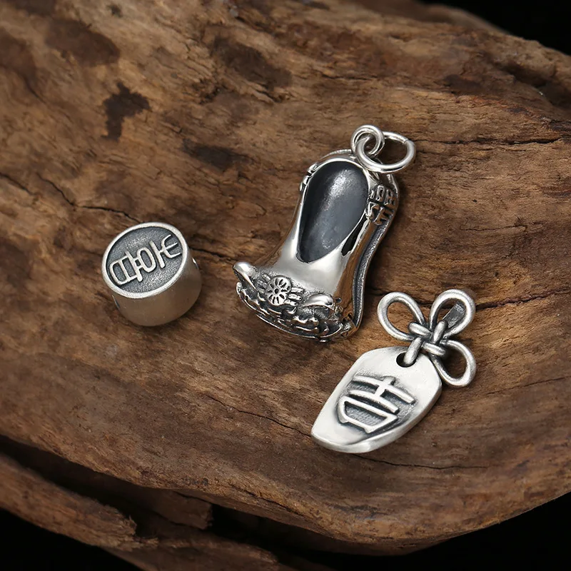 

925 Sterling Silver DIY Retro Style Accessories Bead Personalized Tiger Head Shoes Ji Xi Word Necklace Bracelet Small Pendant