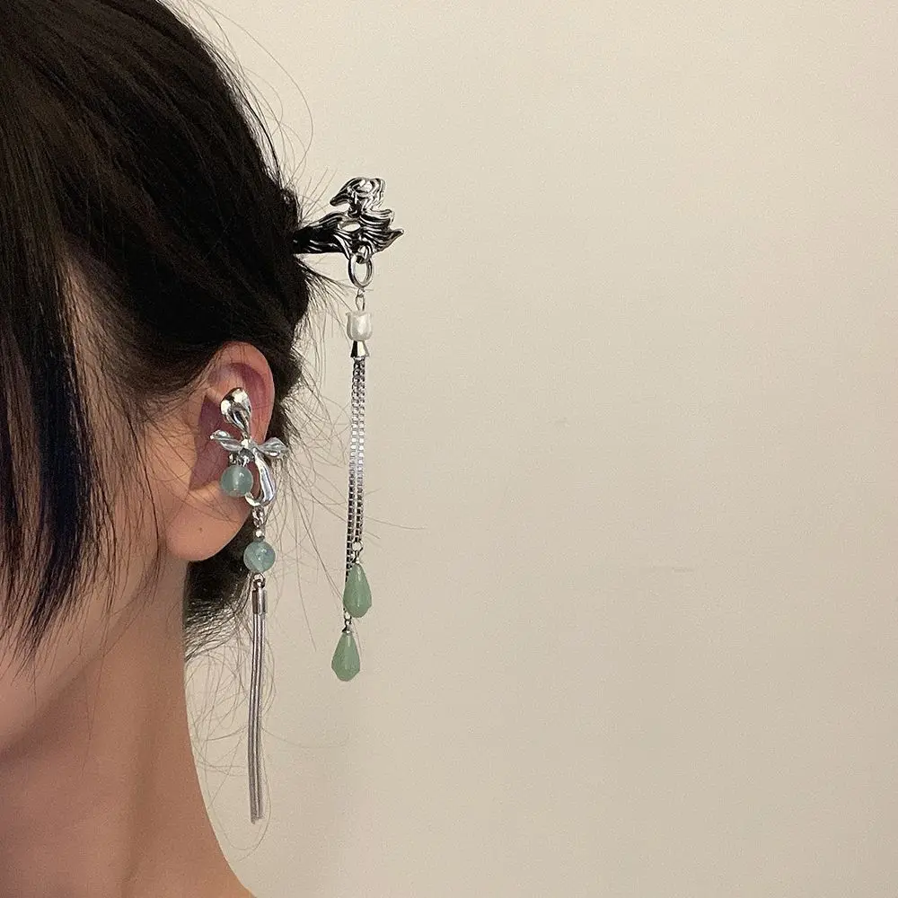 

Female Ladies Chinese Style Hair Disk Hanfu Headwear Long Chain Hair Stick Women Hair Fork Hairpins Bow Ear Bone Clip