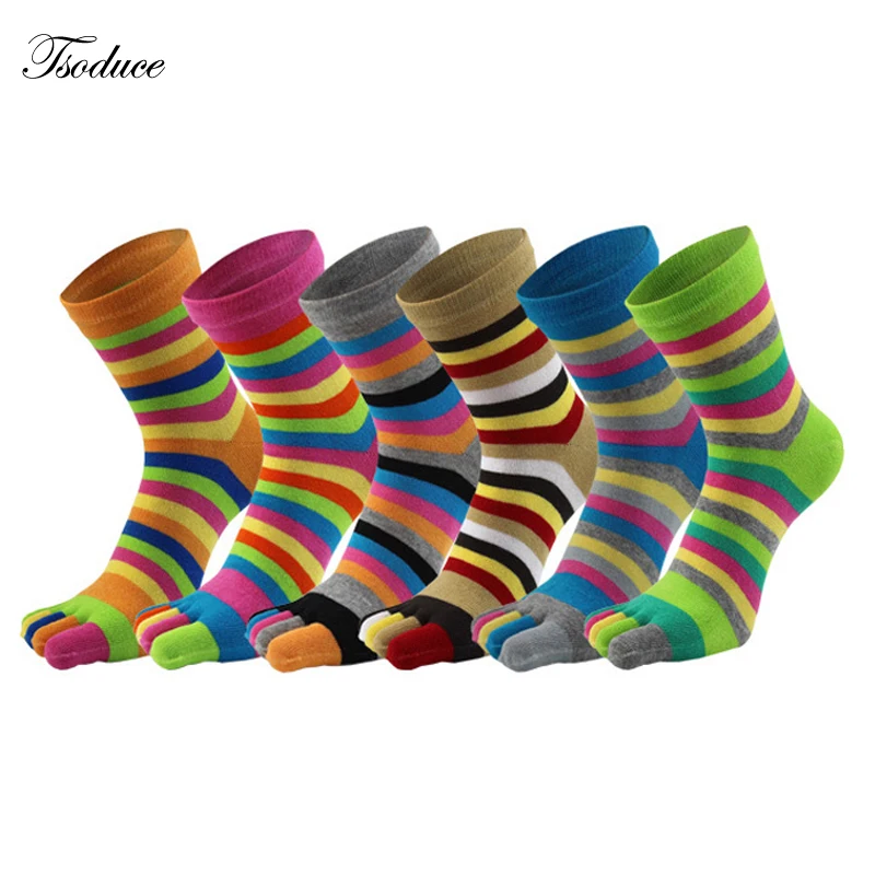 

Women Five Finger Socks Cotton Breathable Colorful Striped Rainbow Middle Tube Athletic Short Crew Toe Socks Size EU 35-40