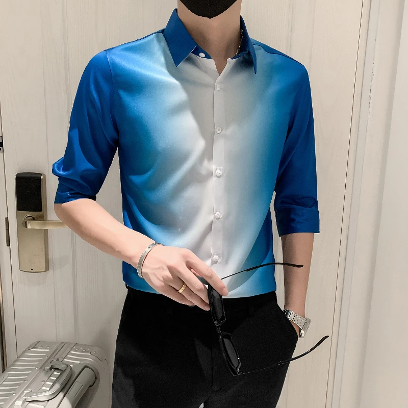 Рубашка мужская с коротким рукавом блуза квадратным вырезом облегающая сорочка