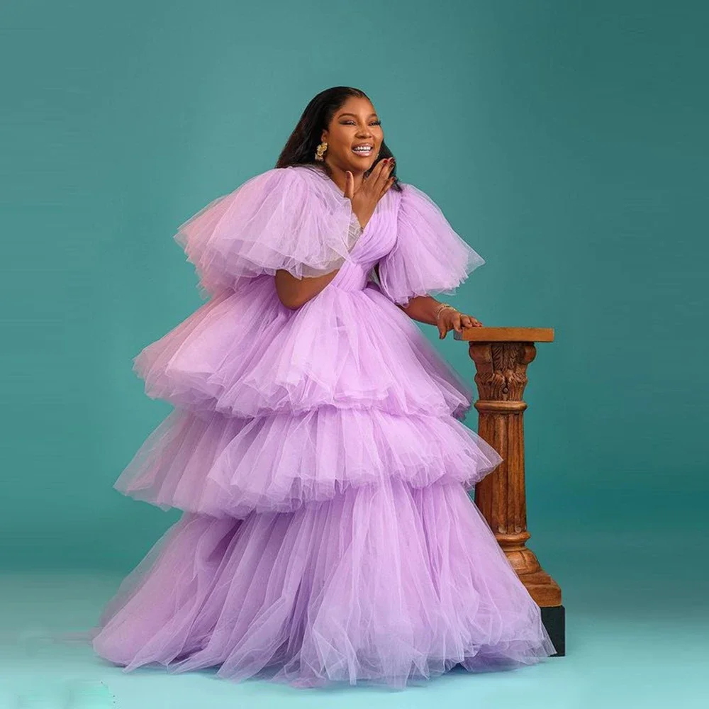 Розовые вечерние платья из тюля с рюшами и V-образным вырезом Многоуровневые для