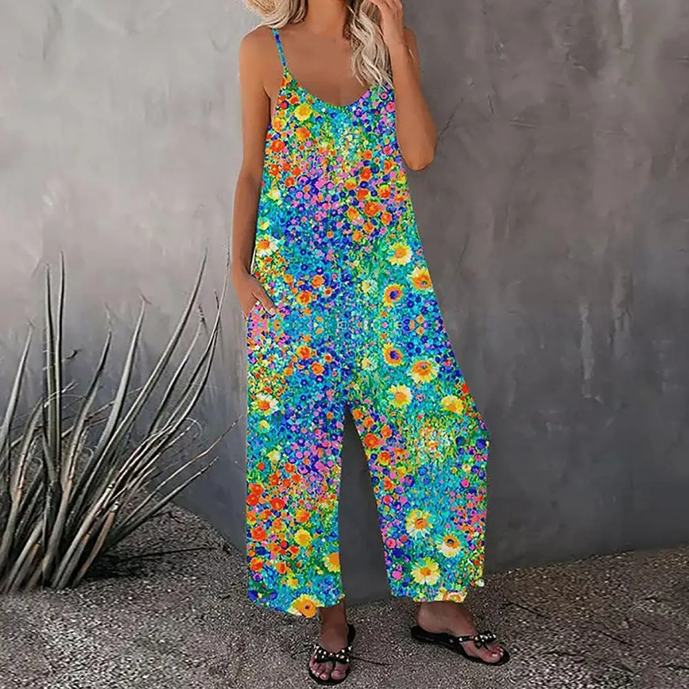 

Women Jumpsuits Summer Overalls Flower Print V Neck Loose Spaghetti Strap Wide Leg Jumpsuit Beach Lady Jumpsuit Women's Clothing