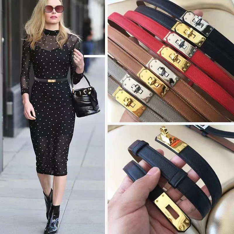 

100% real leathe Luxury Brand High Quality Women Real Leather 1.8cm Width Belts Lock Buckle Dress Jeans Sweater Waistband