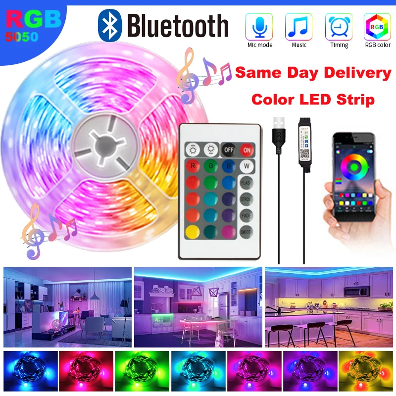LED Strip Light Bluetooth LED Light Bar with Infrared Remote Control 24 Keys 5050 RGB Tape for TV Backlight Bedroom Decoration