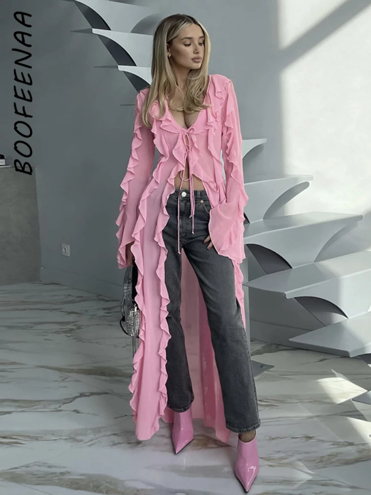 

BOOFEENAA Pink Ruffle Shirts Tie Front Long Cardigan Elegant Blouse for Women Fall 2023 Fashion Outerwear Womens C83-EZ35