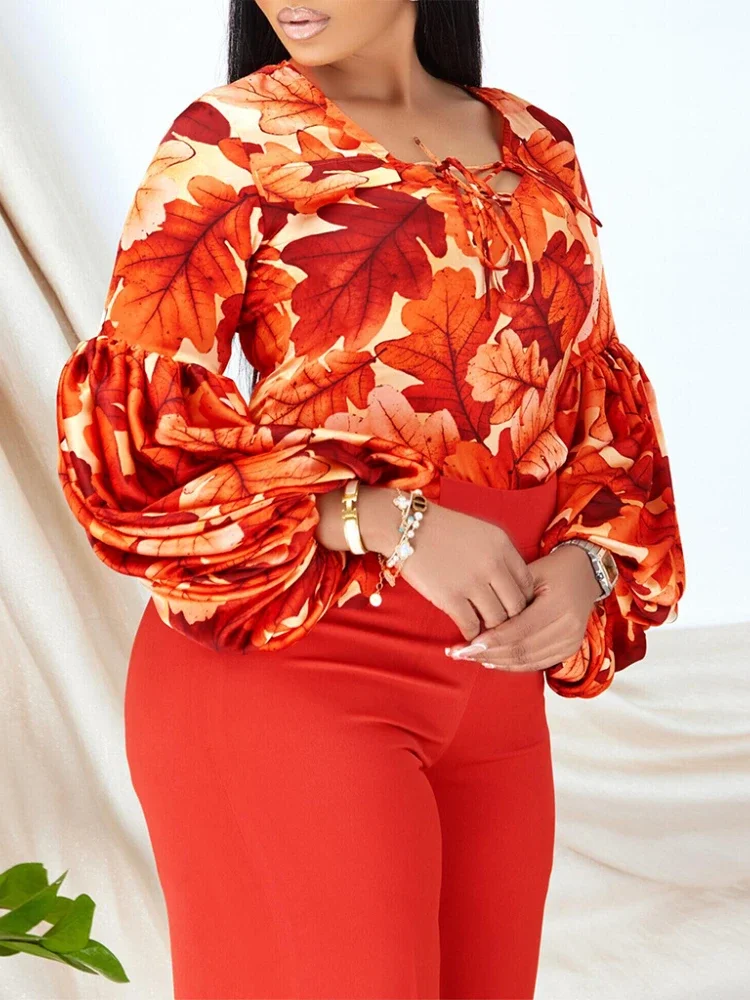 

2 Piece Sets Women Outfit 2023 Summer Maple Leave Printed Puff Long Sleeves Tops High Waist Loose Trousers Stylish Pant Sets New