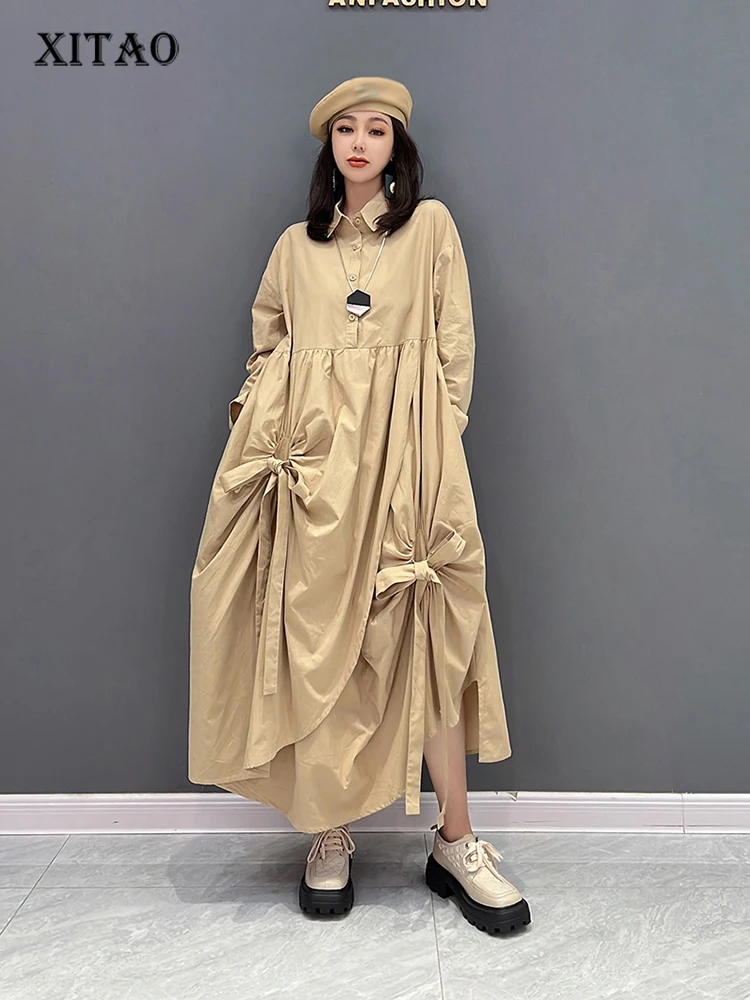 

XITAO Irregular Folds Shirt Dress Solid Color Pleated Splicing Bow Hem Autumn Long Sleeve Turn-down Collar Shirt Dress WLD8722