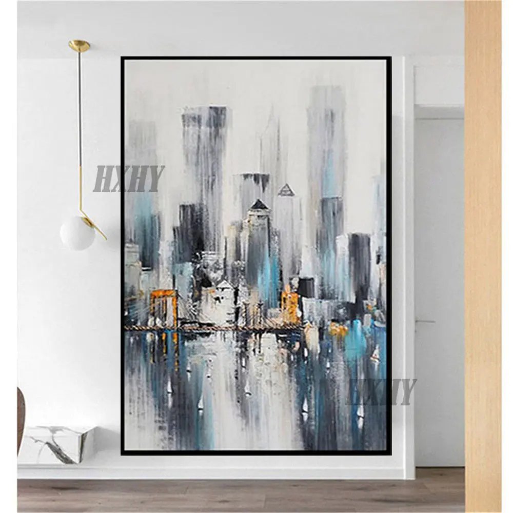 

Ручная роспись маслом, Современный домашний декор, настенные картины, абстрактные Городские пейзажи, синие картины на холсте, декор для гос...