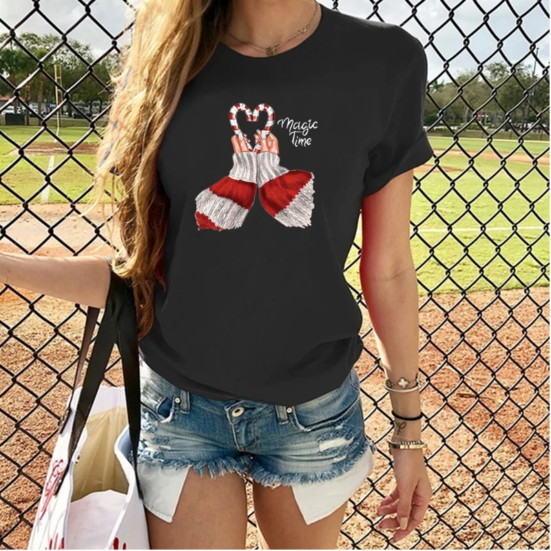 

Magic Time Print T-shirt Solid Color Summer Wear 100% Cotton Short Sleeve Tees O-neck Large Size Streetwear Shirt for Women