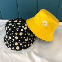 korean daisy embroidery bucket hats reversible beach panama bob caps summer double sided cotton sun fisherman hat for women men
