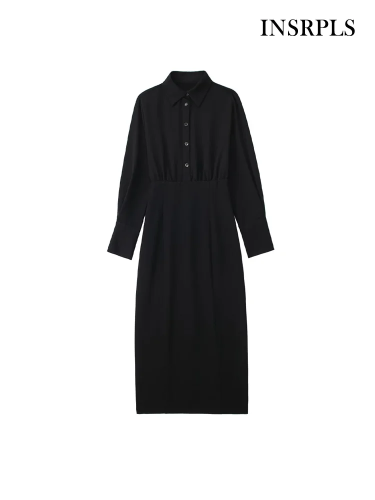 

INSRPLS Women Fashion Front Button With Ruched Fitted Midi Shirt Dress Vintage Long Sleeve Side Zipper Female Dresses Vestidos