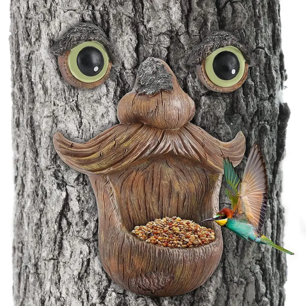 

Funny Monsters Bird Feeder Old Man Tree Statue Fairy Garden Decor Hanging Figurines Food Container Pet Bird Food Holder