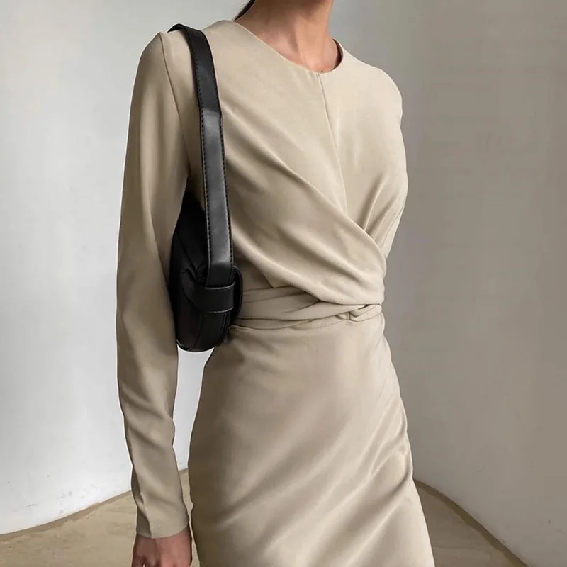 

Mandylandy Women Elegant Autumn Winter Slim Evening Dress Fashion Casual Long Sleeve O Neck Corset Ruched Party Midi Dress