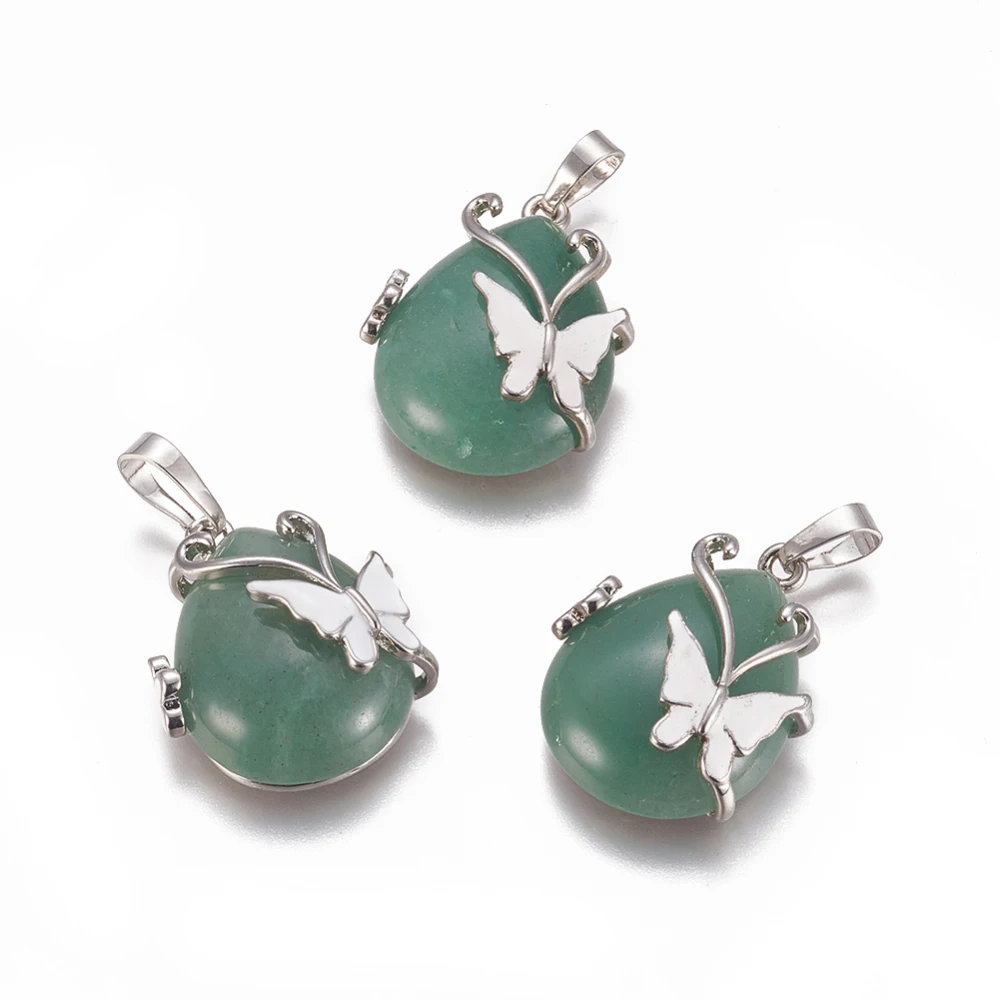

Natural Green Aventurine Pendants with Enamel and Brass Findings teardrop with Butterfly Platinum 30x23.5x12mm Hole: 10x6mm
