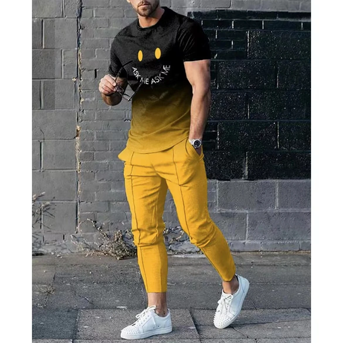 

Fashion Men's 2 Piece Sets Smile Oversized T Shirts Joggers Outfits Men Trousers Summer Tracksuit 3D Print Trend Male Clothing