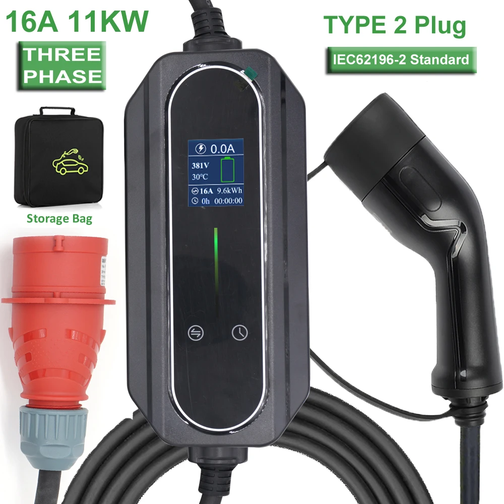 

11 кВт 16 А Тип 2 EV автомобильное зарядное устройство, трехфазное быстрое зарядное устройство, портативное электрическое зарядное устройство для автомобилей EVSE 5 м кабель