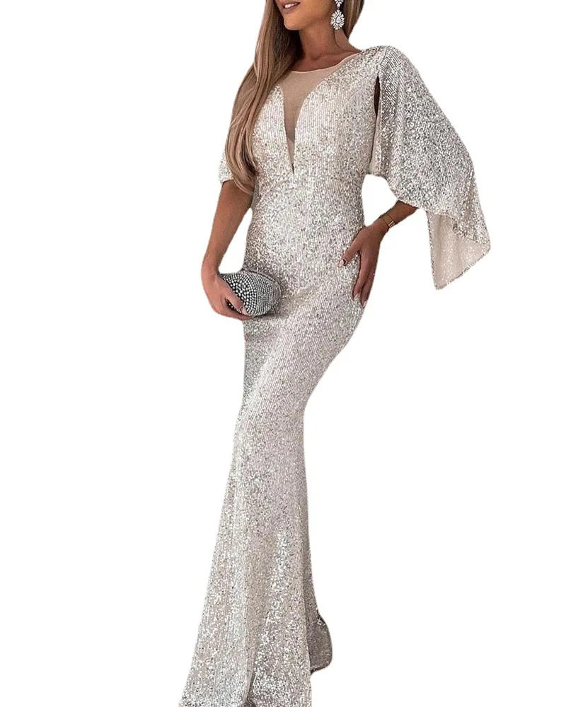 Women Elegant Prom Gowns Sequined Partysix Cape Sleeve V Neck Cocktail Dress Mermaid Party Evening Occation Robe De Soriee