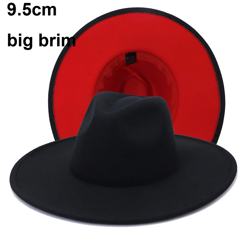 

9.5cm Big Brim Women Spring Summer Hat Black Red Patchwork Wide Brim Fedora Hats Jazz Panama Men Classic Caps