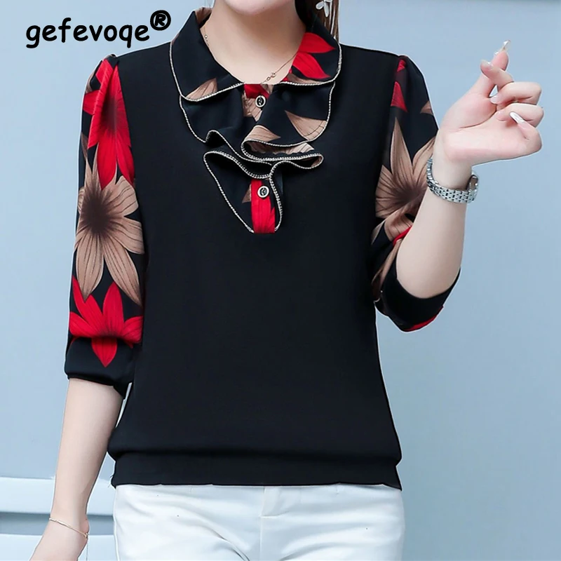 

Women's Clothing Vintage Floral Print Patchwork Ruffle Elegant T-shirts New Autumn Korean Fashion Long Sleeve Slim Pullover Tops