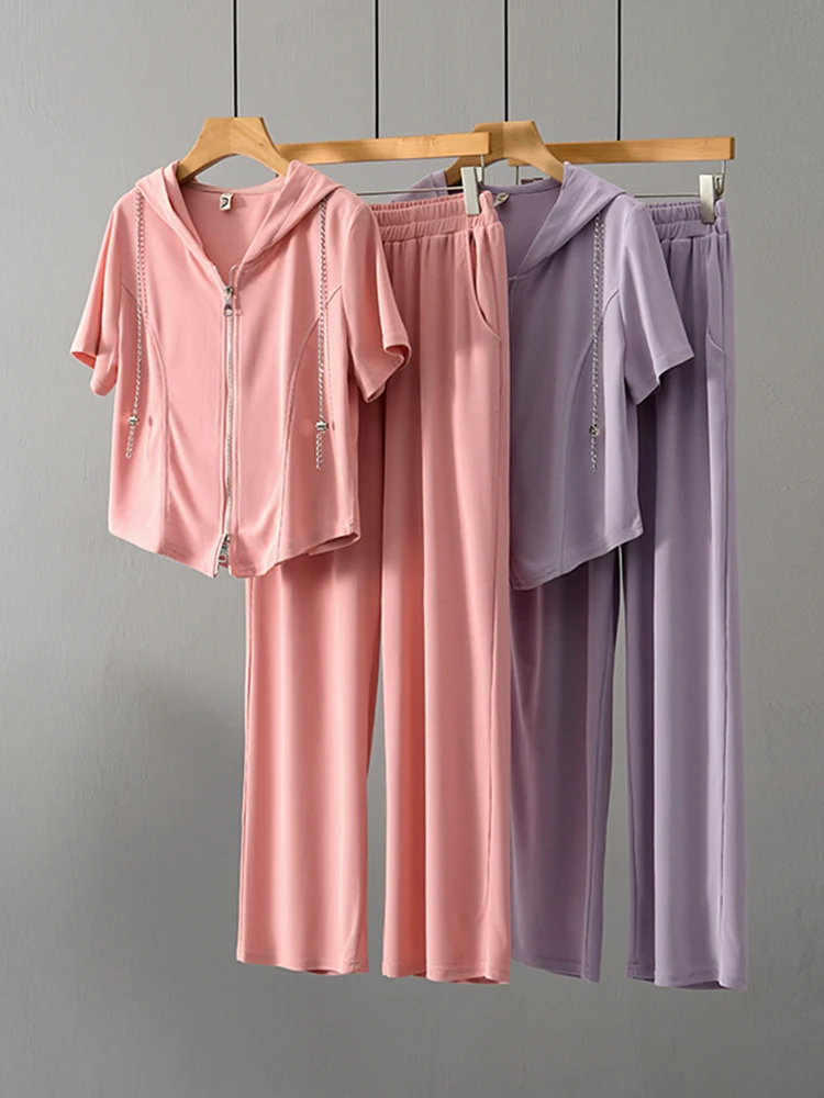 

2023 Summer Two Piece Set For Women Short Sleeved Hooded Zipper Top+Wide Leg Trousers Suit Female Casual Oversized Tracksuit 4XL