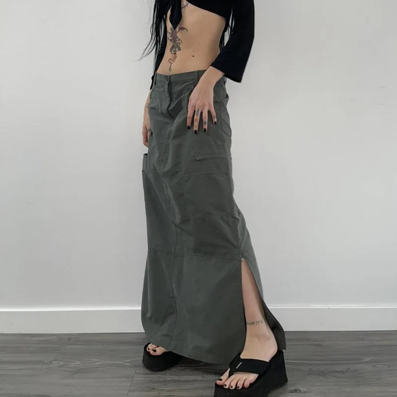

2022 Y2K Slit Cargo Long Skirts Women Casual Low Waist Baggy Long Skirt 2000S Fairycore Grunge Outfits Vintage Streetwear
