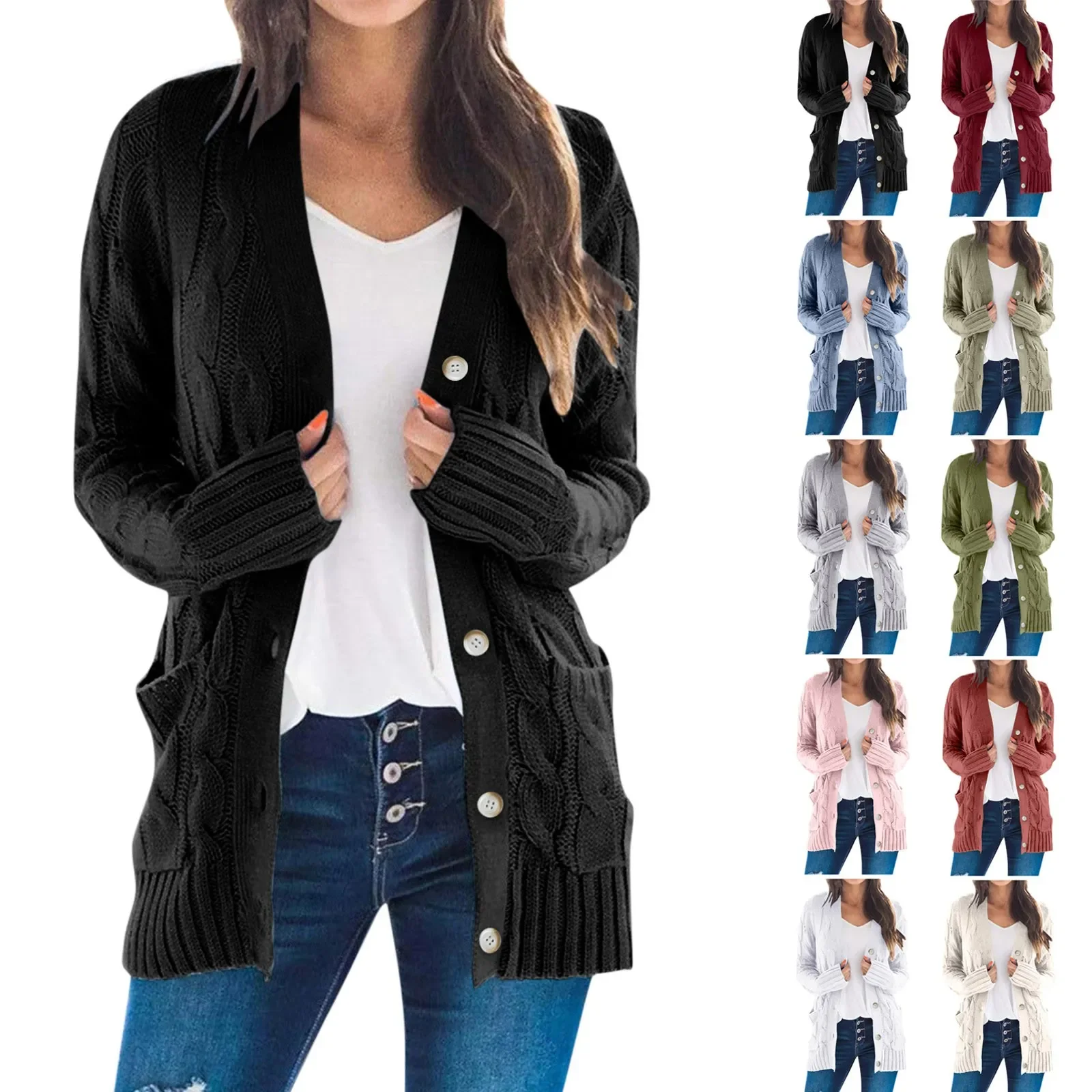 

Women Solid Color Cardigan Long Sleeve Pockets Open Front Knit Sweaters Coat Casacos De Inverno Feminino Coats Woman Winter 2022