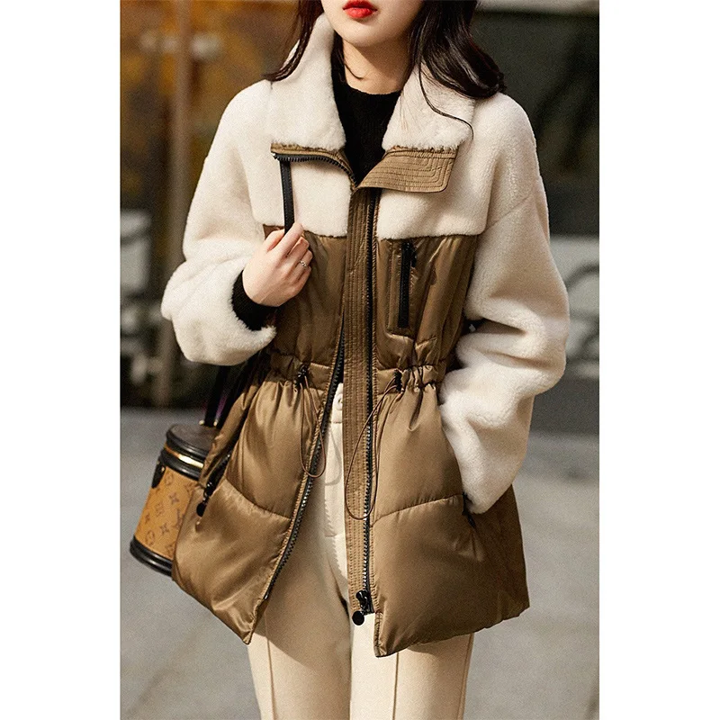 Down Jacket Women 2022 Winter 90% White Duck Coat Short Fur Splicing One Piece Korean Waistband Top Waist-cinching Cord Coats