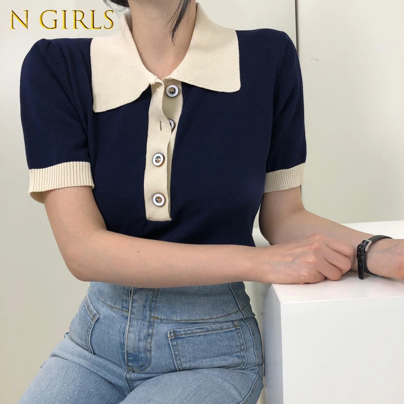 N GIRLS Slim Preppy Contrast Lapel Short Sleeve Knit Shirts Korean Temperament Y2k Top 2022 Summer Striped Woman Tshirts