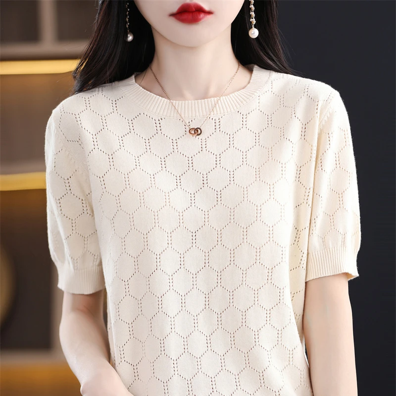 

Summer Woman's Tees Fashion Hollow T-Shirt Short Sleeve O-Neck Female Pullover Cool Refreshing Tee 100% Cotton Knitted Tops Coat