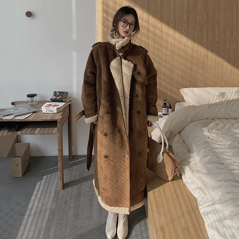 

2022 New Women Winter Lambwool Shirling Furry Parkas Fur Collar Jacket Warm Thick Outerwear Faux Lamb Leather Mid-length Coat