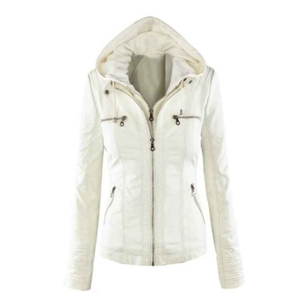 New Fashion Women's PU Leather Jacket Hooded Fake Two Pieces Jacket Long Sleeve zipper Jackets for Women Veste Femme