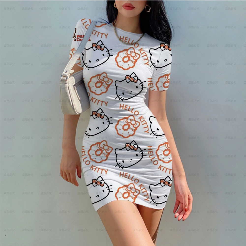 

Женское платье с коротким рукавом Hello Kitty, повседневное пляжное платье с круглым вырезом, уличная одежда для вечевечерние НКИ, клуба, лето 2022
