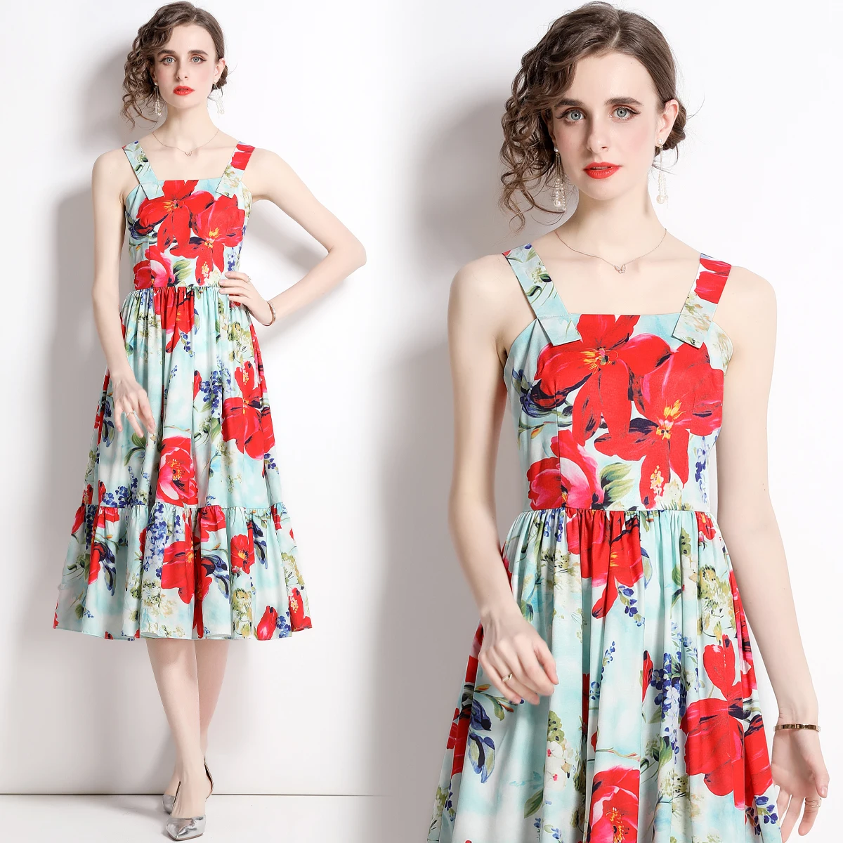 

2022 Women's Summer New High-end Temperament Square Neck Sleeveless Printing Slim Fit Big Swing Holiday Party Suspender Dress