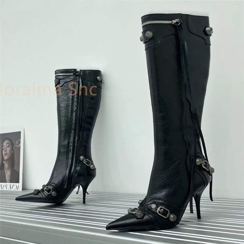 Metal Rivets Thin High Heel Long Boots Punk Winter Women Sexy Pointed Toe Solid Stiletto Shoes Knee High Boots Tassels Zipper