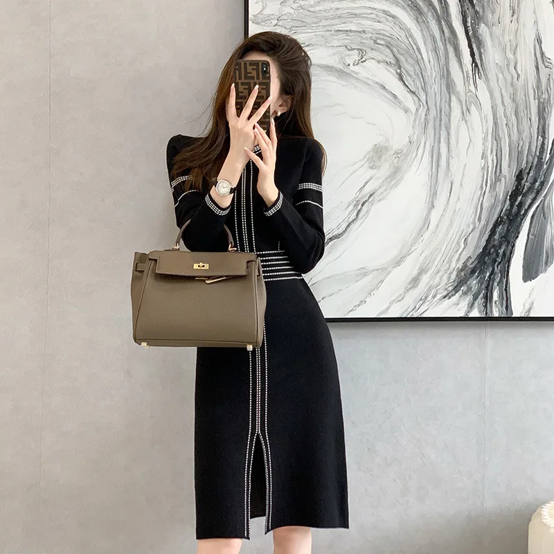 

High Quality 2023 Elegant stripe Design Women Dress Female Evening Party Autumn Winter Crop Top Clothes Casual Y2k Long Robe