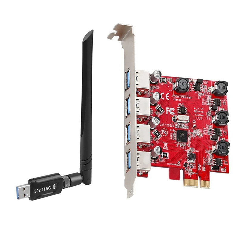 

1 Pcs AC1200M USB Wifi Adapter USB3.0 Wifi Receiver & 1 Pcs PCI-E To USB 3.0 Riser Card PCIE To 4-Port USB Adapter Card