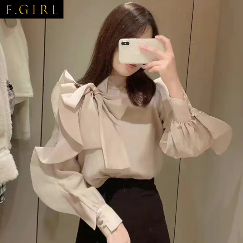 

F GIRLS 2023 Japan New Winter Women Shirt Ruffles Bowknot Lace Up Collar Fungus Edge Blouse Puff Sleeve Fashion Mujer Blusas