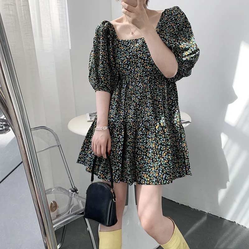 

Women Summer Short Floral Dress Square Collar Bubble Sleeve High Waist A-line Pleated Mini Dresses Party Princess Dress 2022