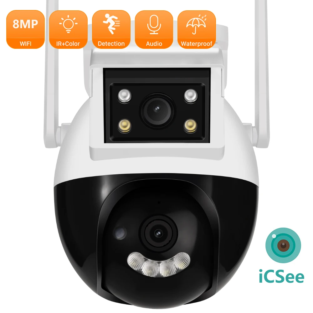 8MP Dual Screen PTZ Wifi Surveillance AI Human Detect Camera Bluetooth Connectinvity 3 Night Vision Modes IP66 Waterproof ICSEE
