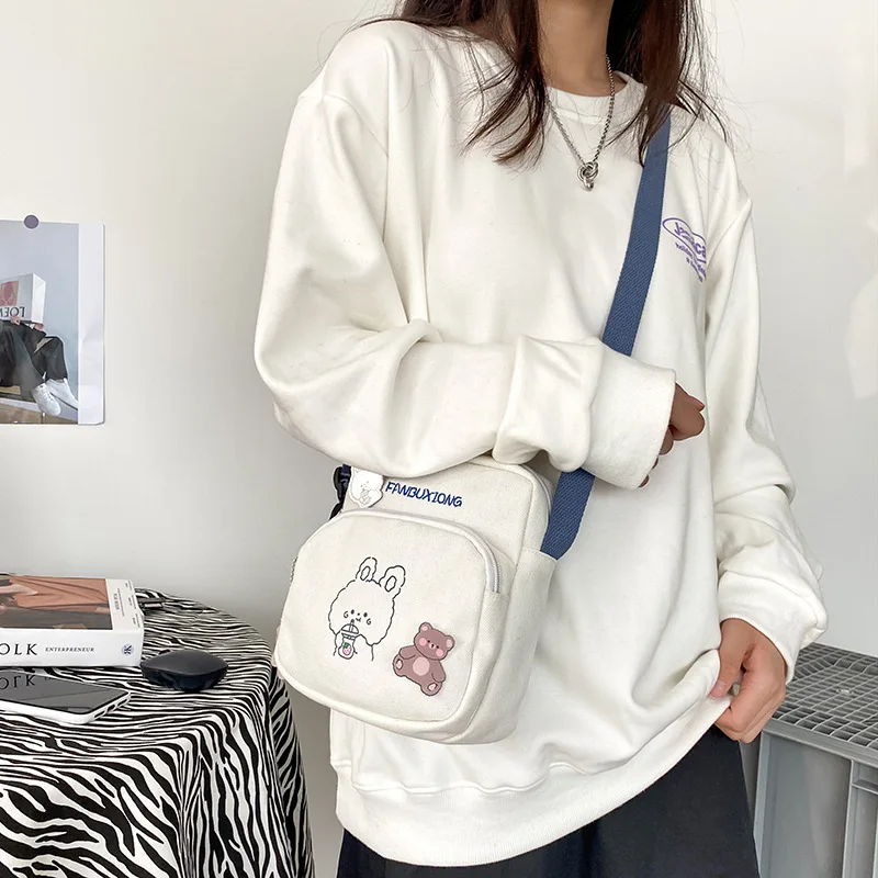 

Маленькие женские холщовые сумки через плечо, модные тканевые мини-сумочки с мультяшным принтом медведя, кролика в Корейском стиле, Сумка к...