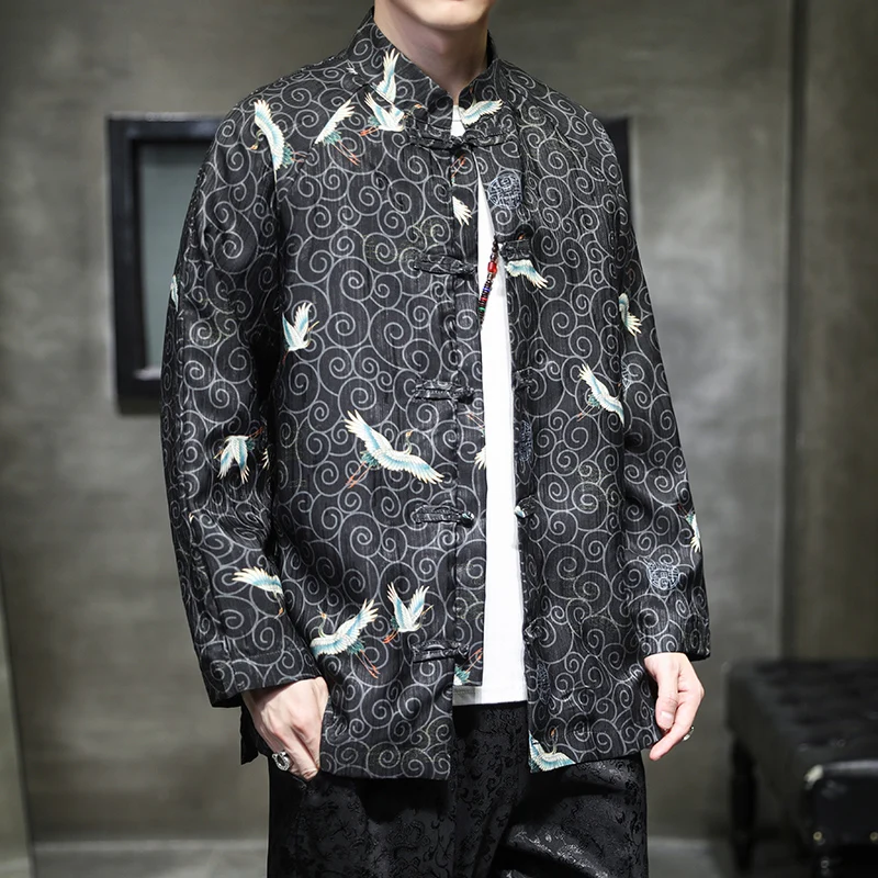 

Chinese Style Men's Coil Button Hanfu Coat Crane Printed Tang Zhongshan Suit Chinese Tunic Suit Traditional Chinese Clothing