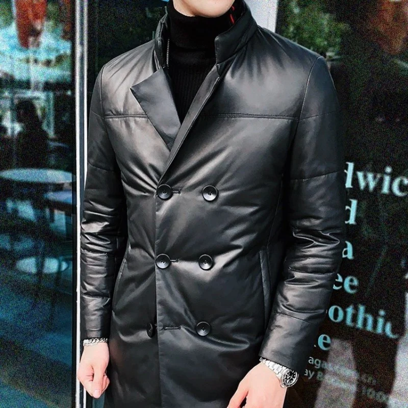 

Brand Genuine Leather Coat Men Winter Double Breasted Warm Thicken Slim Outerwear Fashion Plus Size Sheepskin Down Jacket