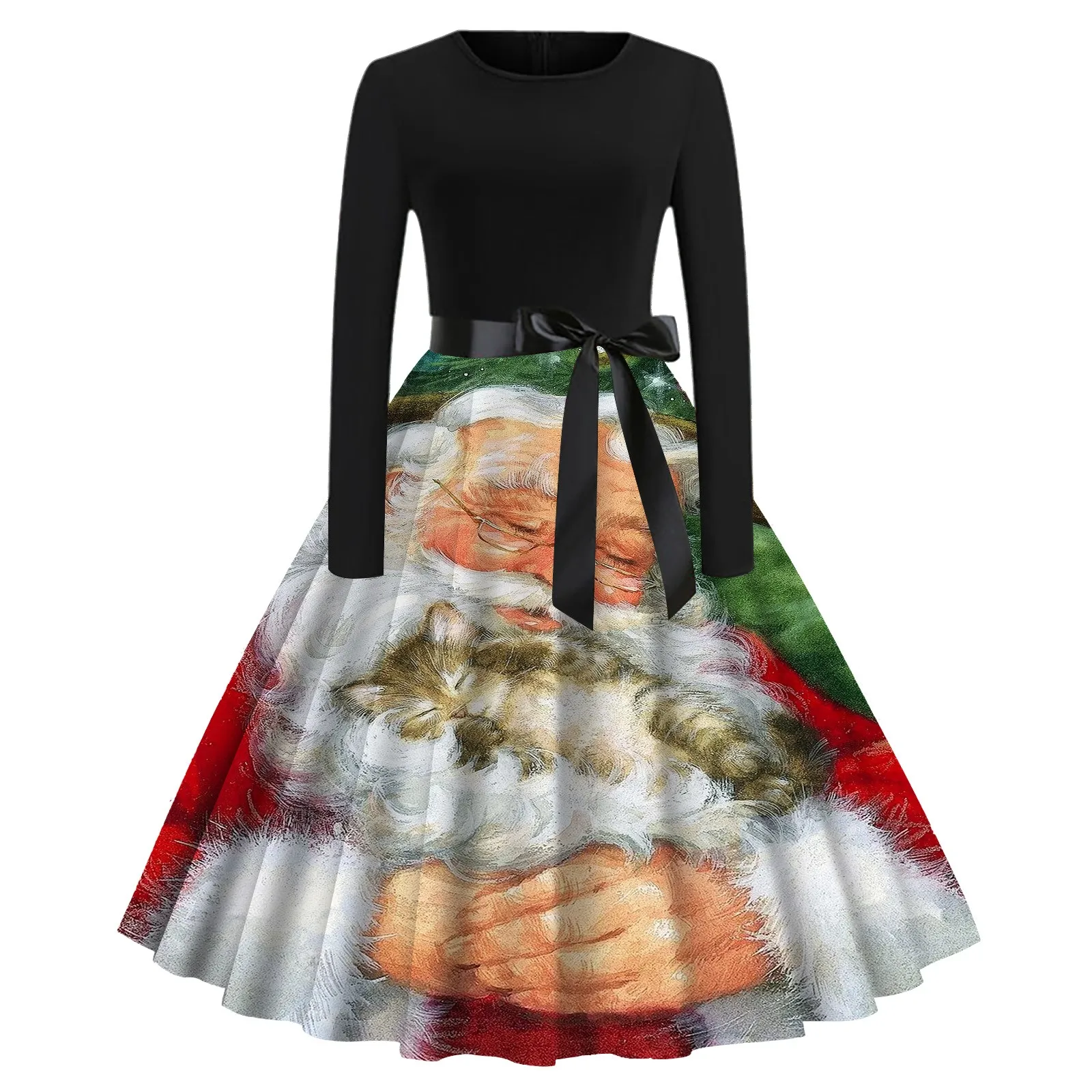 

Women Fashion Christmas Print Dress Round Neck 1950s Housewife Party Dress Womens Vintage Lace Dress