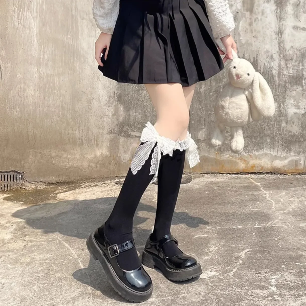 Сплошной цвет черно-белые длинные носки женские чулки JK Lolita Kawaii с рюшами милые