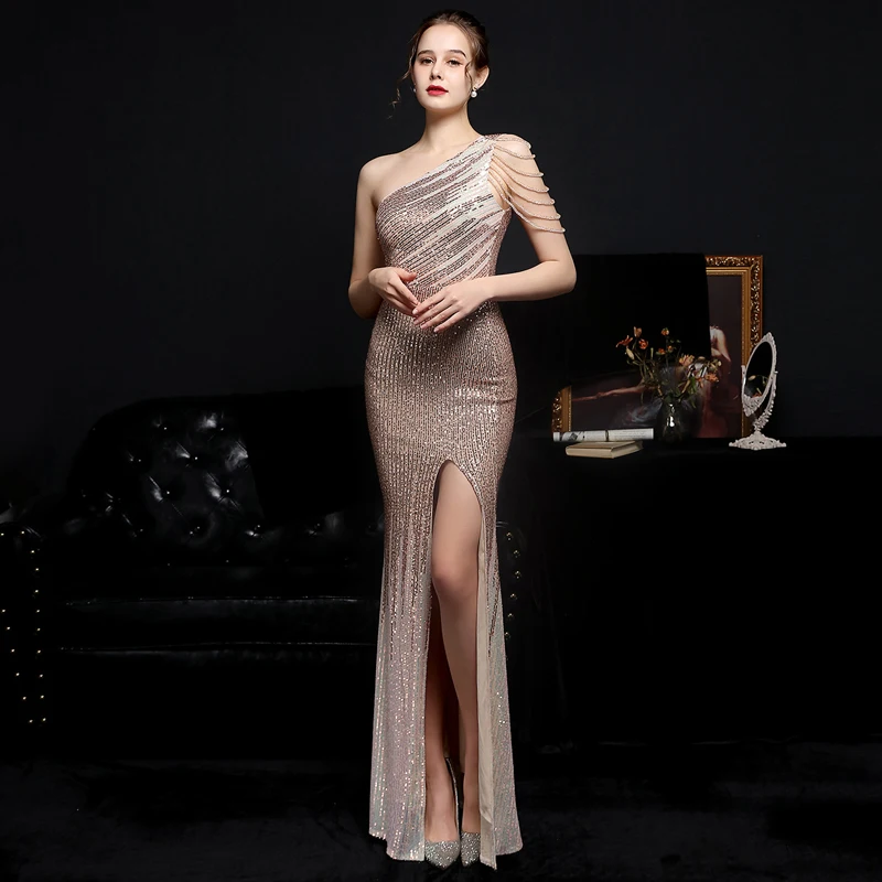 

Aoottii Elegant One Shoulder Slit Gold Sequin Evening Dress 2022 Women Beads Party Maxi Dress 18572