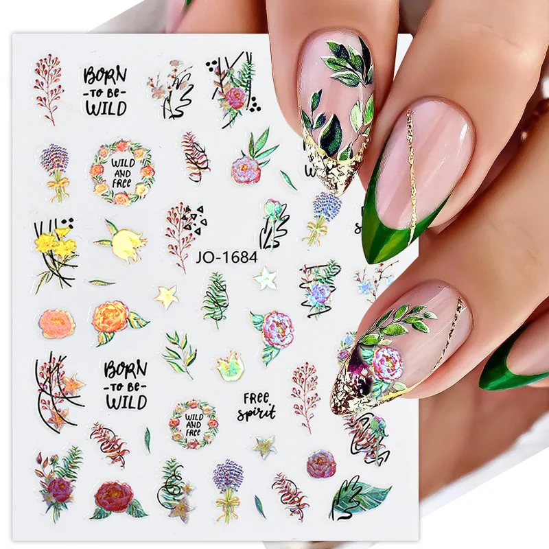 Colorful Leaves 3D Nail Stickers Holographic Laser Floral Decals Spring Summer Slider for Nails Manicures Decoration Accessories - купить по