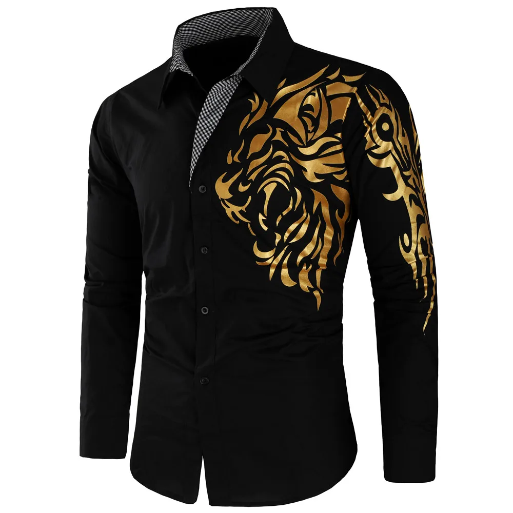 

New Gold Luxury Shirt Black Men Masculina Club Lion Homme Social Chemise Long Gold Camisa Black Fit Prom Sleeve Shirt Men Slim