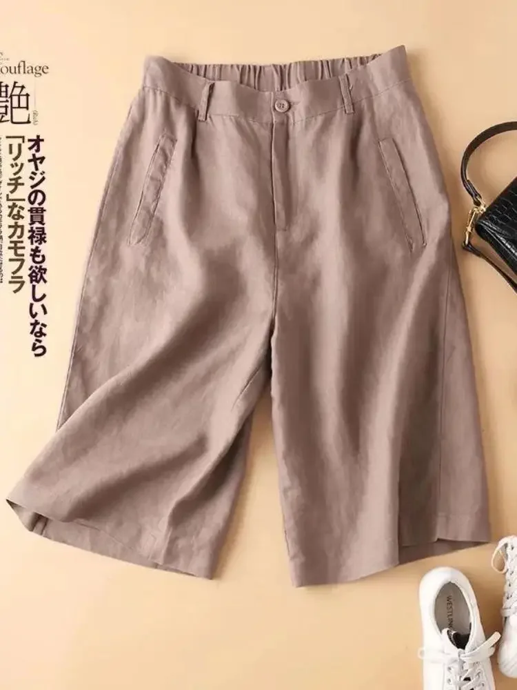 Женские хлопковые льняные шорты с высокой талией