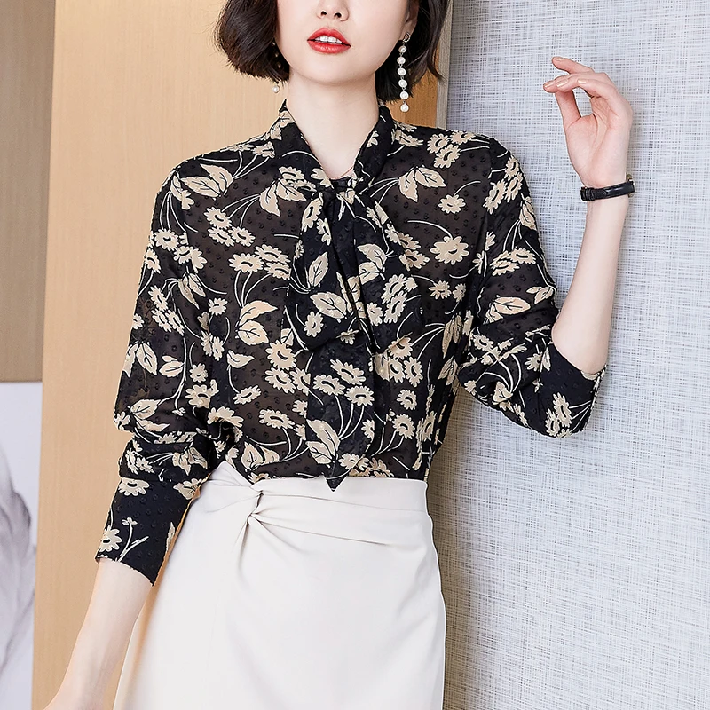 

COIGARSAM Shirt Womens Tops Spring 2022 New Long Sleeve Print Chiffon Bow Black Women Shirts Dropshipping